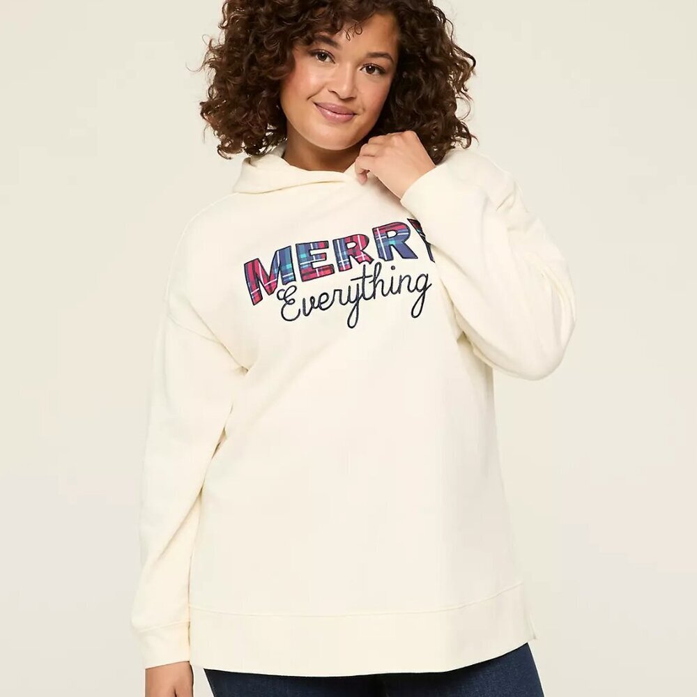 NWT Lane Bryant Cream Relaxed Applique Merry Everything Hoodie Graphic 14/16